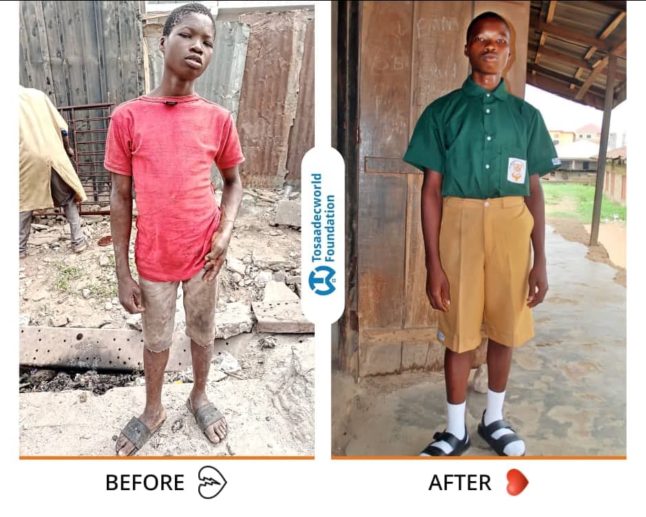 Before and after: a child off the street, now in school uniform, supported by TosaadecWorld Foundation