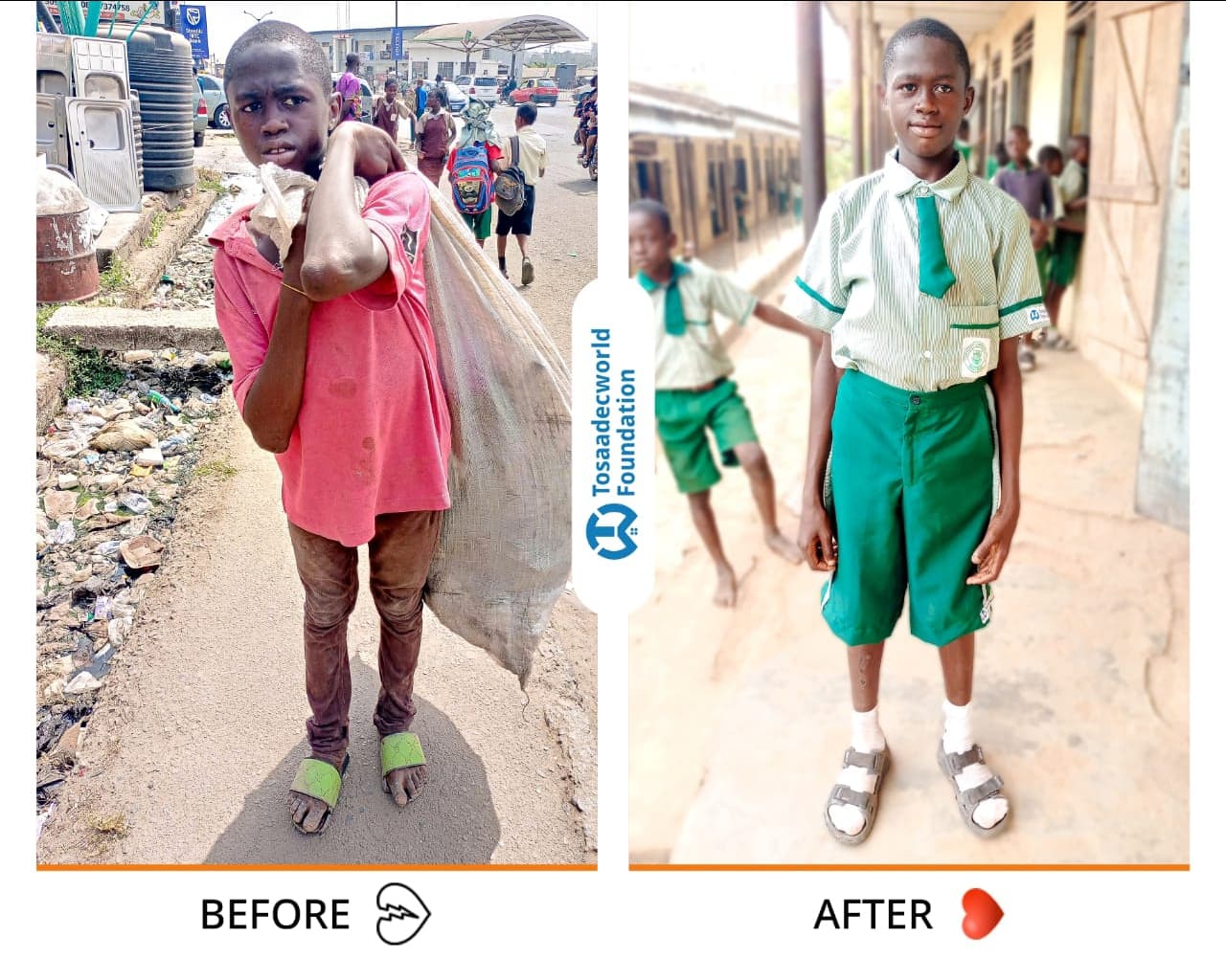 Before and after: a child who once scavenged for scraps, now in school uniform, supported by TosaadecWorld Foundation